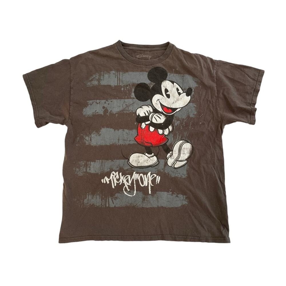 Disney Mickey Mouse T Shirt Brown Grunge Skater Streetwear Y2K Men's Size Large